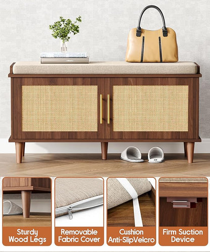 Rattan Shoe Storage Bench with Cushion, 2-Tier Entryway Bench with Adjustable Shelves and 2 Doors, 15" D x 39.4" W x 20" H, Solid Wood Legs, for Hallway, Living Room, Bedroom, Walnut