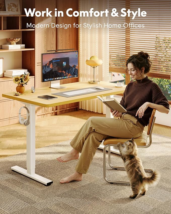 FLEXISPOT EN1 One-Piece Standing Desk, 40"x24" Seamless Desktop Electric Height Adjustable for Home Office, Study Rooms & Multi-Device Workstations, Maple(White Frame)