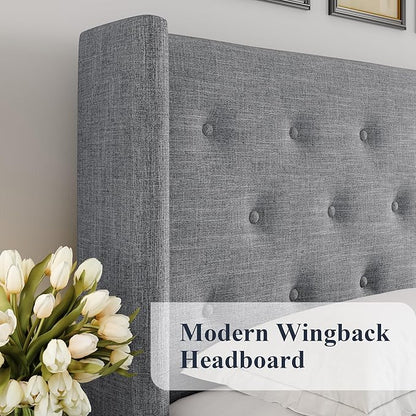 Allewie Full Size Lift Up Storage Bed, Button Tufted Headboard with Wingback, Hydraulic Support, No Box Spring Needed, Light Grey
