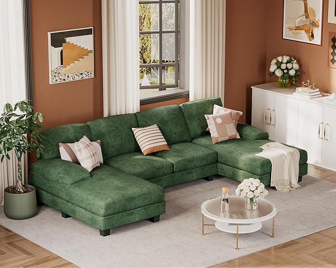 JUMMICO Sectional Couches for Living Room, U Shaped Couch with Chenille Fabric, 4 Seat Modern Sofa with Removable Pillows for Apartment and Small Space (Fabric, Green)