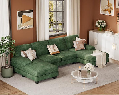 JUMMICO Sectional Couches for Living Room, U Shaped Couch with Chenille Fabric, 4 Seat Modern Sofa with Removable Pillows for Apartment and Small Space (Fabric, Green)