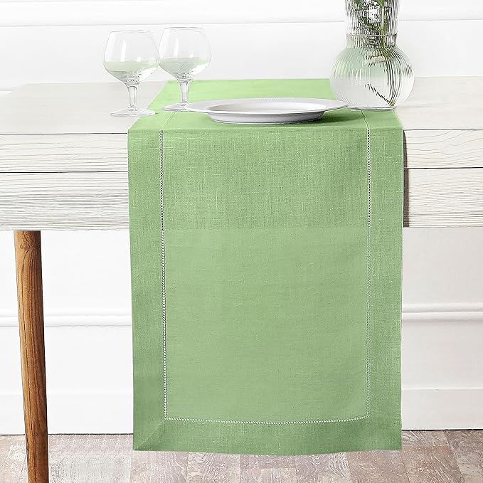 D'Moksha Homes Linen Sage Green Table Runner 60 Inches - Classic Hemstitch, 100% Pure Linen Coffee Table Runner 14 x 60 Inch Ideal for Dresser Tables - Winter, Christmas, Holiday