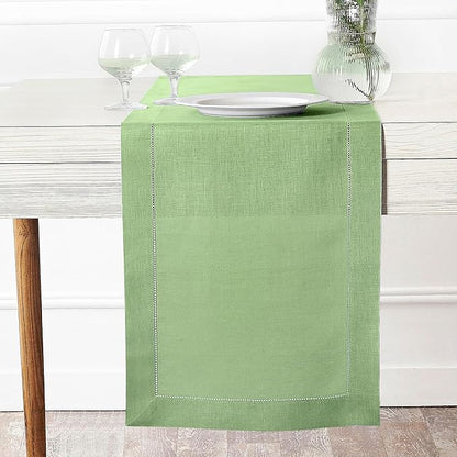 D'Moksha Homes Linen Sage Green Table Runner 36 Inches - 100% Pure Linen Small Table Runner 14 x 36 Inch Ideal for Dresser, Coffee Tables, Christmas, Holiday - Classic Hemstitch