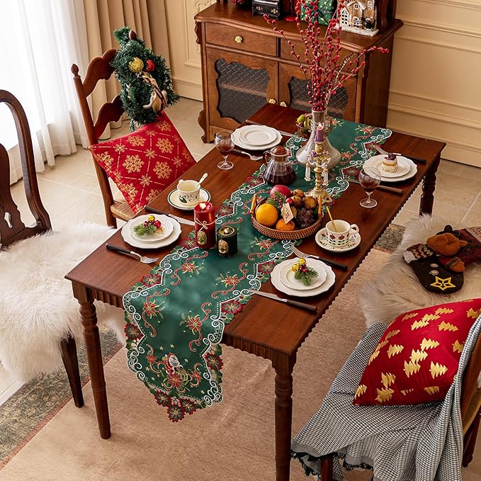 Joyfol Day Christmas Embroidered Green Table Runner 14 x 59 Inch, Cutwork Poinsettia Holly Leaves Santa Claus Table Runners, Tabletop Decoration for Winter Holiday Xmas/Dinner Party