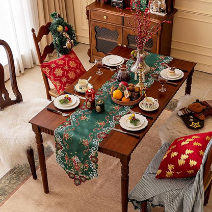 Joyfol Day Christmas Embroidered Green Table Runner 14 x 59 Inch, Cutwork Poinsettia Holly Leaves Santa Claus Table Runners, Tabletop Decoration for Winter Holiday Xmas/Dinner Party