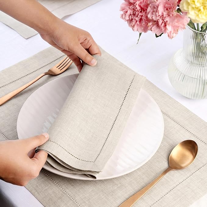 D'Moksha Homes Light Natural Linen Napkins Set of 4 - Classic Hemstitch 100% Pure Linen Hemstitch Dinner Napkins 20 x 20 Inch for Christmas, Holiday - Handcrafted and Machine Washable