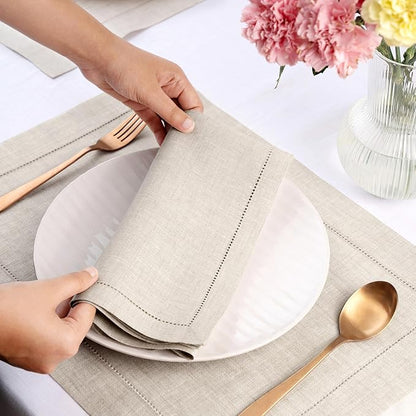 D'Moksha Homes Light Natural Linen Napkins Set of 4 - Classic Hemstitch 100% Pure Linen Hemstitch Dinner Napkins 20 x 20 Inch for Christmas, Holiday - Handcrafted and Machine Washable