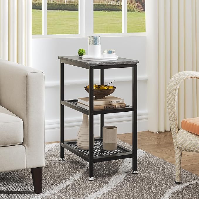 VECELO Tall End Side Tables, 30" Height Nightstand with 3-Tier Storage Shelf for Bedroom Living Room, Easy Assembly,Industrial Style, Carbon Grey