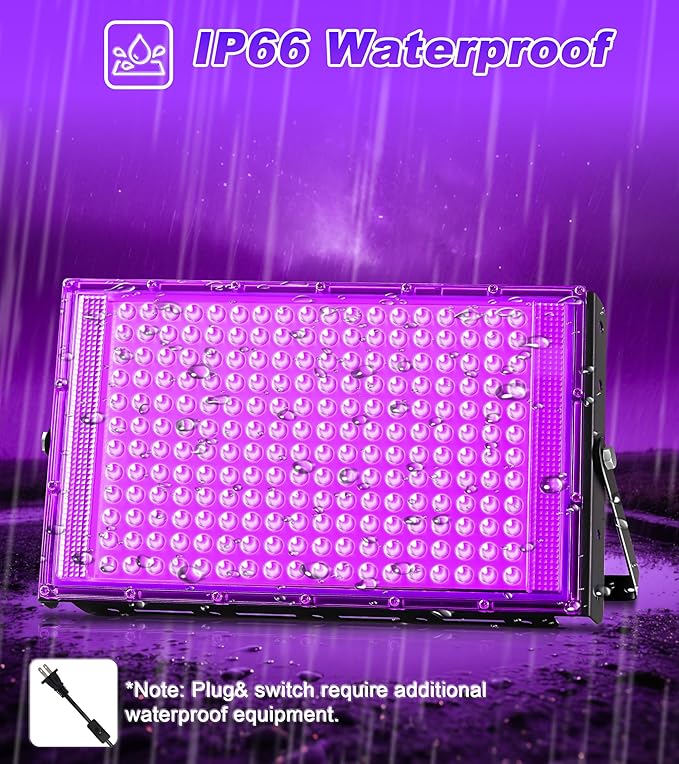 200W LED Black Light, IP66 Blacklight Lamp Flood Light with Swith & Plug, Small Outdoor Blacklight Floodlight for Halloween, Glow Party, Fluorescent Poster, Display, Body Paint, Stage, 2 Pack