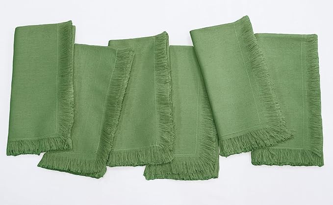 PurpleEssences Cloth Napkins with Fringes, 100% Cotton Christmas Holiday Winter Table Decor, Set of 6 18x18 Inch Reusable Dinner Napkins for Parties and Weddings - Sage Green