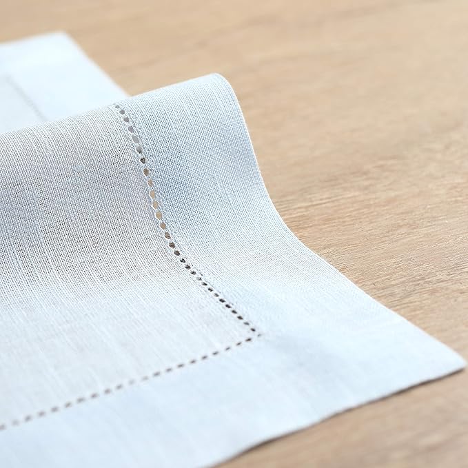 Solino Home Light Blue Linen Napkins Set of 6-100% Pure Linen Hemstitch Dinner Napkins 20 x 20 Inch for Christmas, Winter, New Year - Classic Hemstitch
