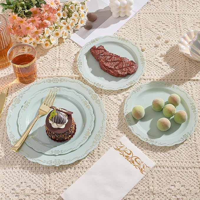 Fijinhom175 PCS Green Disposable Plates, Elegant Dinnerware Set for 25 Guests, 50 Plastic Plates, 75 Silverware, 25 Cups & 25 Paper Napkins, Green
