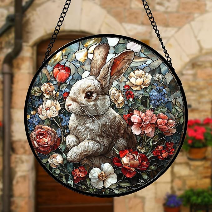 Stained Glass Window Hanging - Cute Rabbit Flowers Suncatcher Ready to Hang Window Doors Home Decoration, Christmas, Mother's Day Birthday Gifts for Women, Men, and Mom11.8x11.8 in