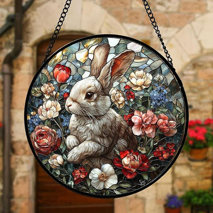 Stained Glass Window Hanging - Cute Rabbit Flowers Suncatcher Ready to Hang Window Doors Home Decoration, Christmas, Mother's Day Birthday Gifts for Women, Men, and Mom 6.3x6.3 in