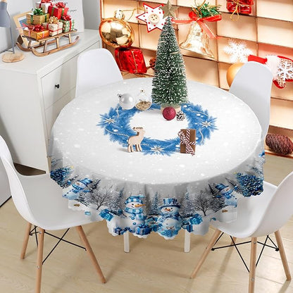 Eikione Round Tablecloth 60inch, Christmas Tablecloth Waterproof and Wrinkle-Free, Table Covers, Winter Decorations for Home Dining Blue