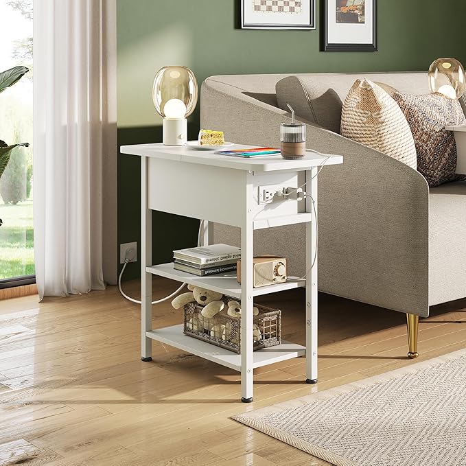 WLIVE End Table with Charging Station, Flip Top Side Table with Storage Shelf, Sofa Couch Table with USB Ports and Outlets, Narrow Bedside Table for Living Room, Bedroom ,11.81"D x 23.62"W x 24.33"H