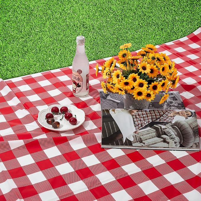 Kesfey 8 Packs Red and White Checkered Tablecloths 54 x 108 Inches Disposable Rectangle Red Gingham Table Cloth Waterproof Plastic Picnic Party Plaid Tablecovers for Picnic BBQ Family Outings