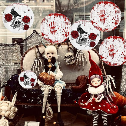 6PCS Hanging Halloween Party Decorations with Lantern, Crow, Skull, Blood Print Pattern, Indoor and Outdoor Horror Home Decoration -12 inches