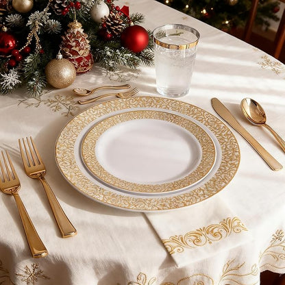 WDF 150PCS Gold Plastic Plates Set Christmas Plastic Plates 25Guests Gold Disposable Dinnerware Sets for Christmas