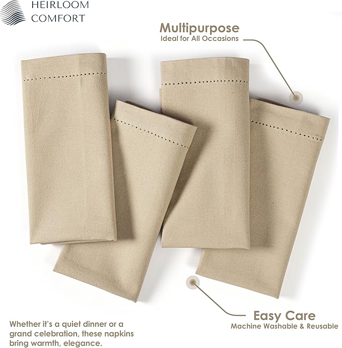 Beige Cloth Napkins 18"x18" - Set of 12 - Soft, Durable, Absorbent, Reusable, Washable - Hemstitch Mitered Edges - Perfect for Everyday Dining, Fall, Weddings, Baby Showers, Dinner