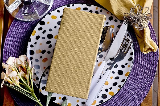 Gold Paper Napkins | Linen Feel Guest Disposable Cloth Like Dinner Napkins | Hand Towels | Soft, Absorbent, Paper Hand Napkins for Kitchen, Bathroom, Parties, Weddings, Dinners | 50 Pack