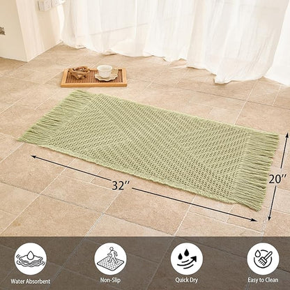 Waffle Bath Mat Non Slip, Boho Bathroom Rug, Super Absorbent Quick Dry Bathroom Mat, Soft Farmhouse Bath Rug with Tassels, Small Washable Shower Mats for Floor 20"x32", Tassels Sage Green