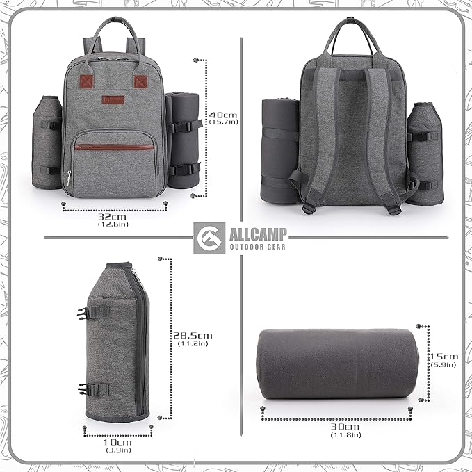 ALLCAMP OUTDOOR GEAR Picnic Backpack for 4 Person W/ Detachable Wine Holder, Insulated Food Compartment and Picnic Cutlery for Family Outdoor Camping and Gift (Grey)
