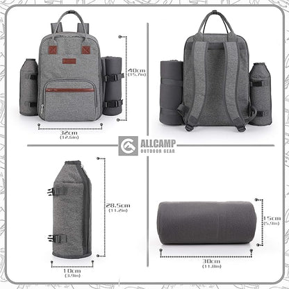 ALLCAMP OUTDOOR GEAR Picnic Backpack for 4 Person W/ Detachable Wine Holder, Insulated Food Compartment and Picnic Cutlery for Family Outdoor Camping and Gift (Grey)