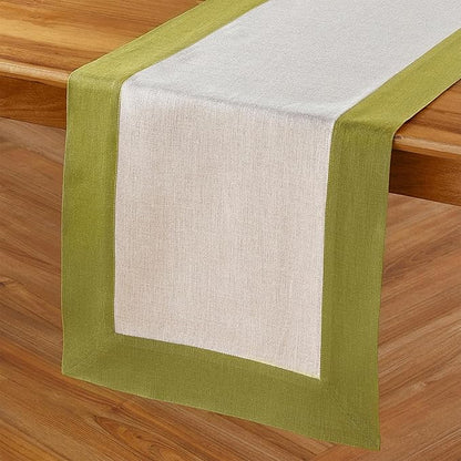 Solino Home Linen Table Runner 60 Inches - 100% Pure Linen Avocado and Natural Short Table Runner 14 x 60 Inch Ideal for Dresser and Coffee Tables - Contempo - Winter