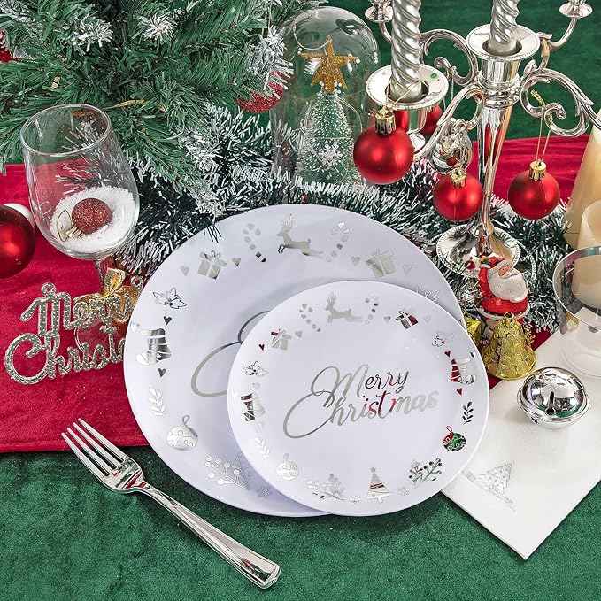 Ciaell 175PCS Christmas Plastic Plates - White and Silver Plastic Plates for 25 Guests - Include 50 Disposable Plate, 25 Knives, 25 Spoons, 25 Forks and 25 Christmas Tree Napkins for Xmas Party