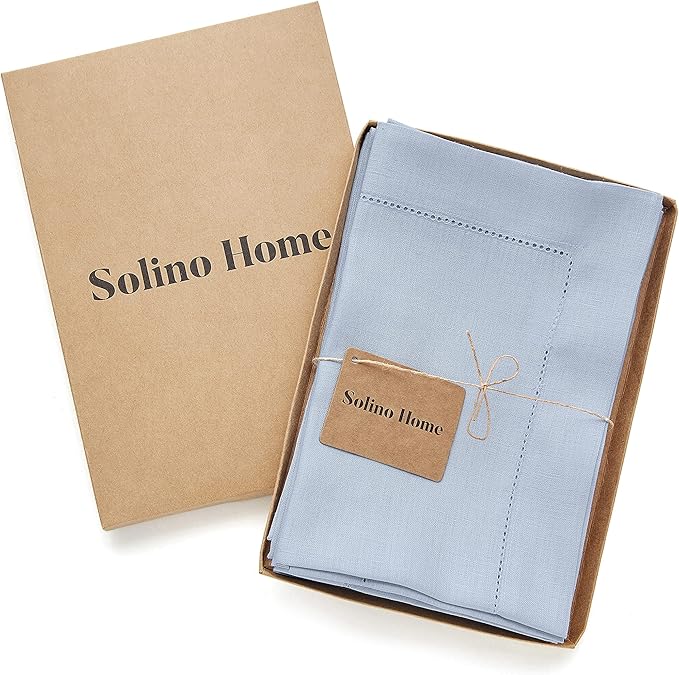 Solino Home Sky Blue Linen Napkins Set of 4-100% Pure Linen Hemstitch Dinner Napkins 20 x 20 Inch for Holiday, Christmas, New Year - Classic Hemstitch