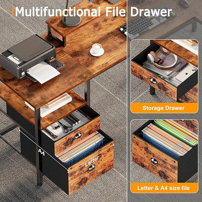 Furologee 66” L Shaped Desk with Power Outlet, Reversible Computer Gaming Desk with File Drawer & 2 Monitor Stands for Home Office with Storage Shelves, Rustic Brown