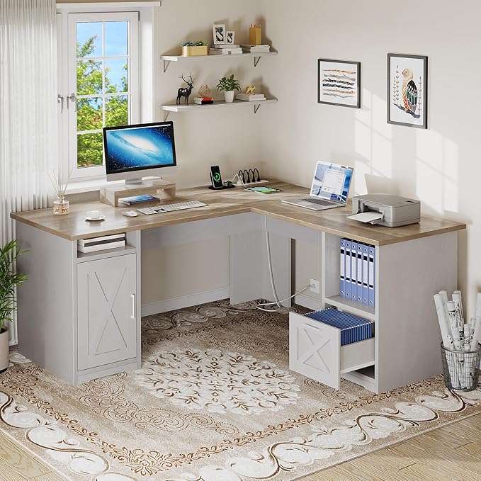 YITAHOME L Shaped Desk with Power Outlets, 60 Inch Computer Desk Corner Desk with File Drawer, Home Office Desk with Monitor Stand & Storage Shelves, L-Shaped Desk with File Cabinet, Grey Wash