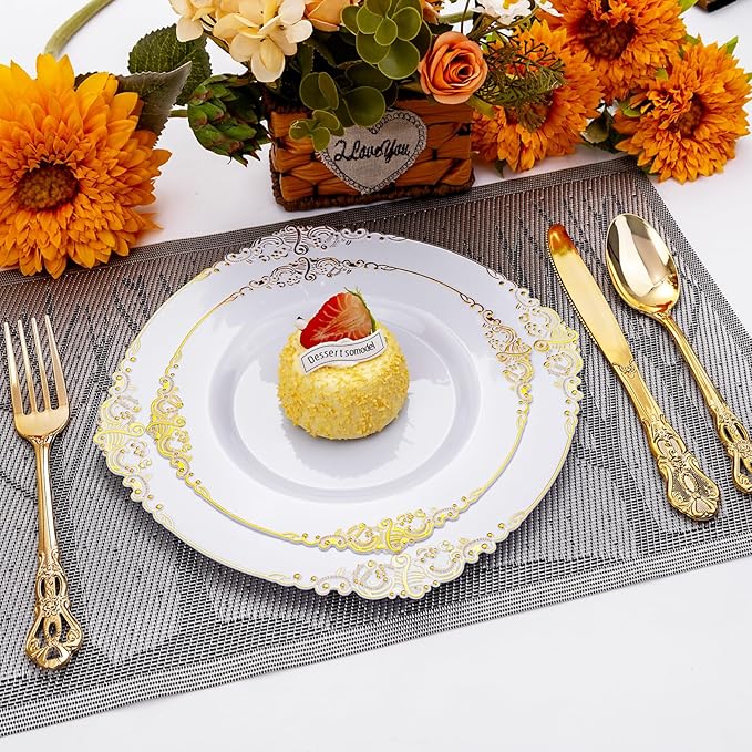 150 Pieces Gold Plastic Silverware - Heavy Duty Gold Disposable Utensils - Fancy Plastic Cutlery Set Includes 50 Forks, 50 Spoons, 50 Knives for Holidays Parties Weddings