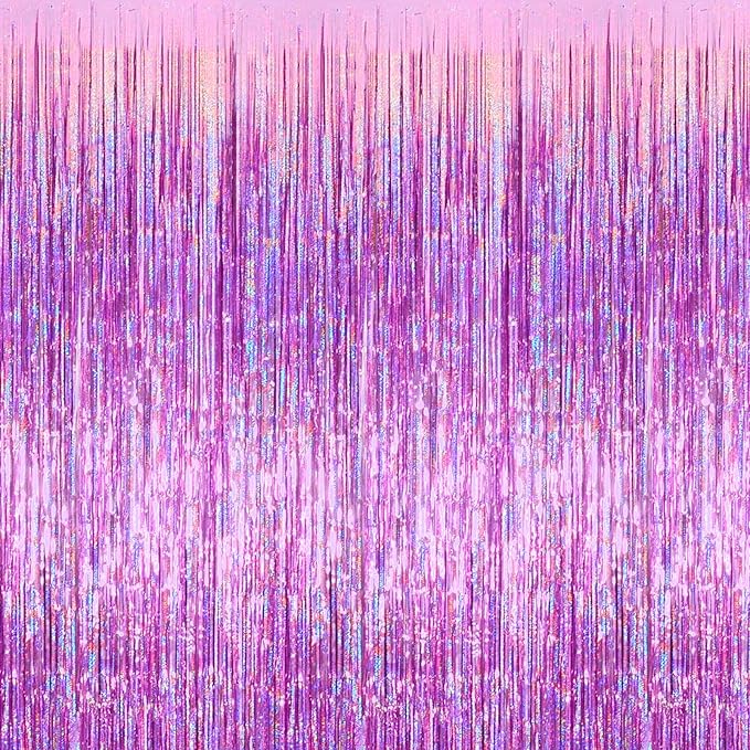 4 Pack Pink Fringe Curtain Backdrop, 3.2Ft x 8.2Ft Sparkle Metallic Tinsel Foil Fringe Streamers Background for Photo Booth Birthday Wedding Baby Shower Party Thanksgiving Christmas Decorations