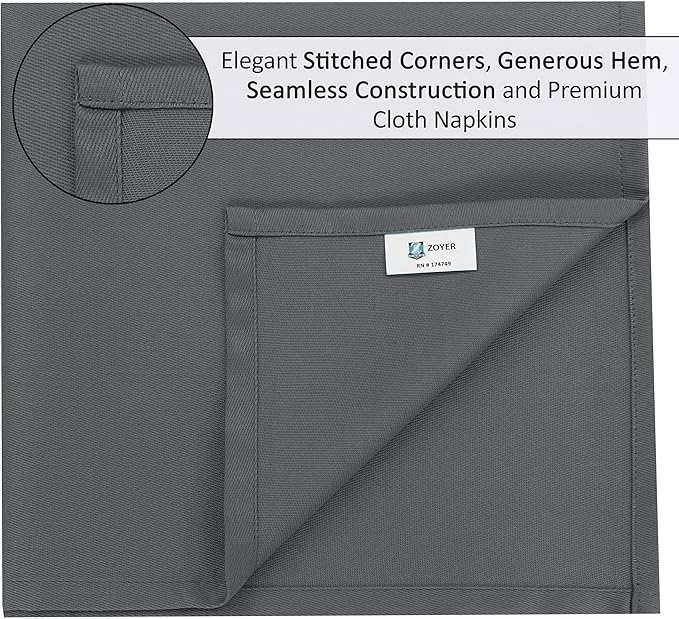 Zoyer Cloth Napkins Set of 4, 18x18 Inches Cotton Enrich Napkins Cloth ‎Washable, Soft & Durable Dinner Napkins for Parties, Wedding, Christmas, ‎Thanksgiving & Everyday Use - Charcoal Grey