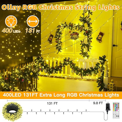 Ollny RGB Christmas Lights 400 LEDs 131 FT, 130 Modes Color Changing Christmas String Lights with Remote, Timer & Waterproof, Outdoor Xmas Lights for Thanksgiving Day House Holiday Decorations
