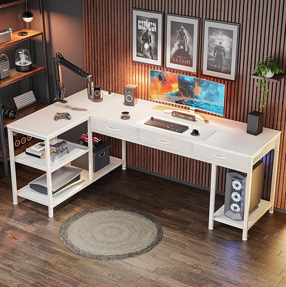 PRAISUN 63 Inch L Shaped Office Desk with Power Outlets and Type-C Port, Large Computer Gaming Desk with 3 Fabric Drawers, Mesh Shelves, Corner Study Work Writing Desk, White