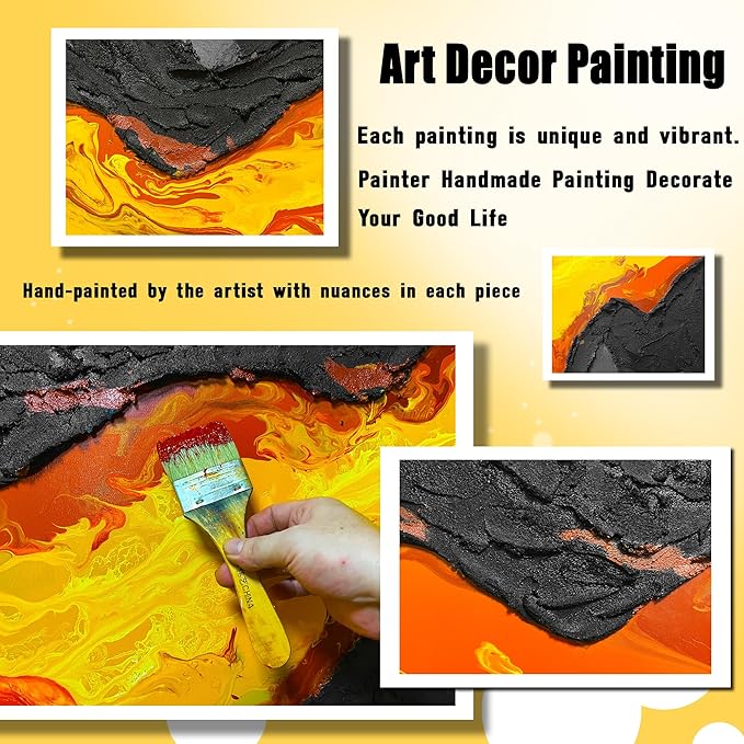 GUGIKA Large Abstract Wall Art for Living Room, Hand Painted 3D Textured Magma Paintings, Black and Gold Yellow Volcanic Lava Canvas Wall-Decor for Bedroom, Size 72x36 Inches