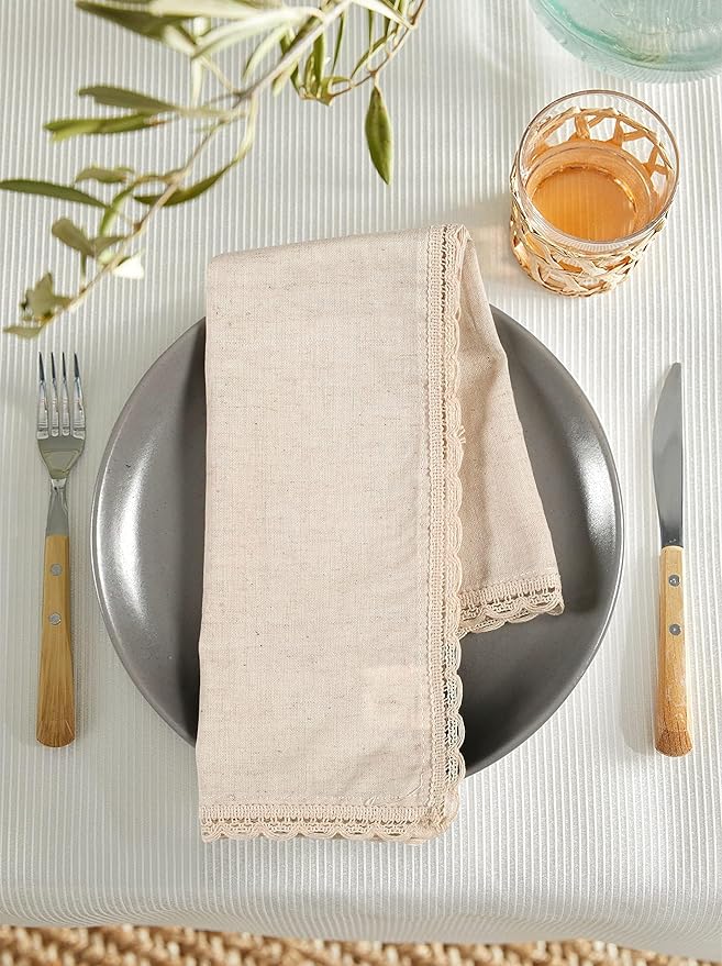 Cloth Napkins Reusable Natural Cloth Dinner Napkins Set of 4 Cotton Flax Fabric Oversized 20x20 Inches Cloth Napkins with Lace for Parties Weddings Washable Cocktail Napkins Thanksgiving Decor