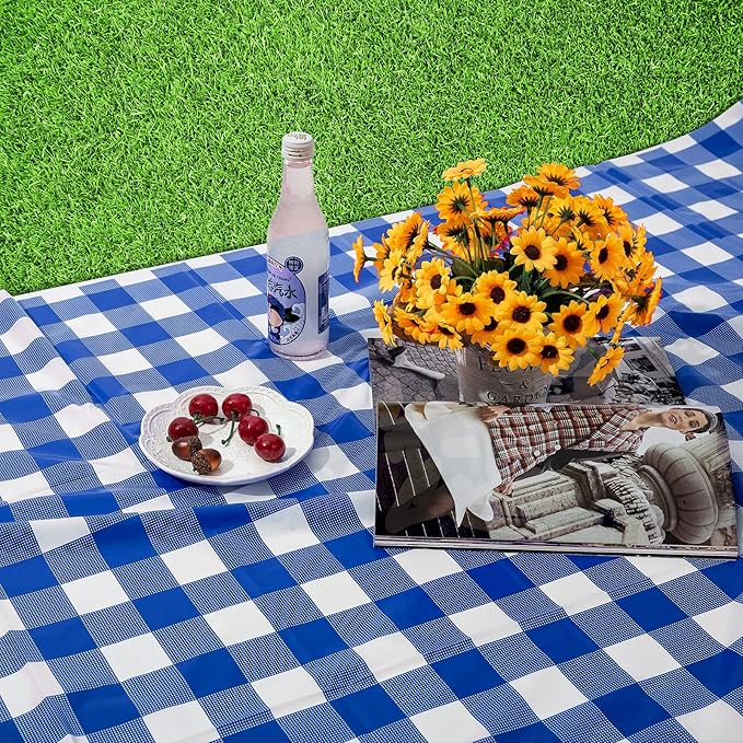 Kesfey 8 Packs Bule and White Checkered Tablecovers 54 x 108 Inches Disposable Party Picnic Table Cloth SpillProof Plastic Gingham Tablecovers for Camping Decoration Party Favors