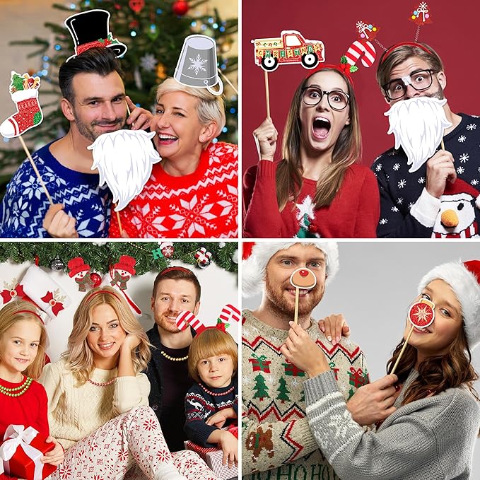 fiintrwa Christmas Headband Beads Necklace Hair Hoop Eyewear Eyeglass Santa Hat Photo Props for Xmas Party Decoration Supplie
