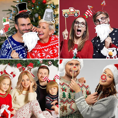 fiintrwa Christmas Headband Beads Necklace Hair Hoop Eyewear Eyeglass Santa Hat Photo Props for Xmas Party Decoration Supplie