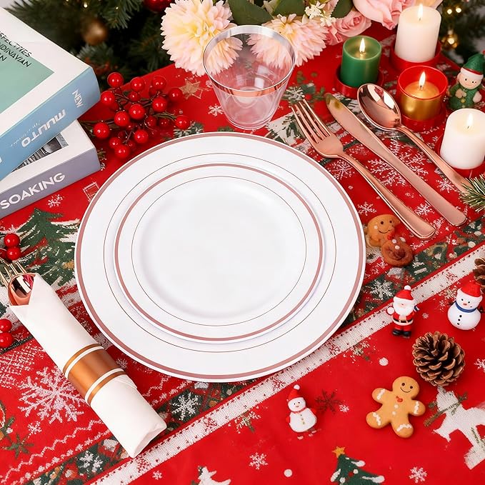 WELLIFE 350Pcs Rose Gold Plastic Plates for 50 Guests - Plastic Dinnerware Set,Party Supplies Includes 100 Rose Gold plates,150 Silverware,50 Napkins,50 Cups for Party and Christmas