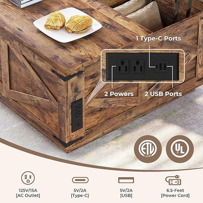 Farmhouse Lift Top Coffee Table, Square Wood Center Table with LED Lighting, USB-C Charging Station, and Hidden Storage Compartment - Rustic Brown Living Room Furniture
