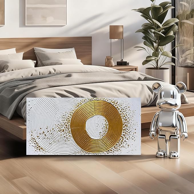 Abstract Hand Painted Wall Art for Living Room White and Gold Wall Decor for Office Circle Wall Art for Bedroom Size 20 x 40 Inch