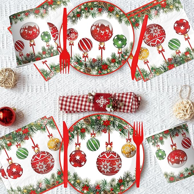 Christmas Paper Plates and Napkins,144pcs Xmas Ball Christmas Plates Disposable Party Set Christ mas Dinnerware Set for Winter Xmas Holiday,Serves 24