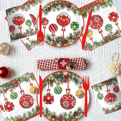 Christmas Paper Plates and Napkins,144pcs Xmas Ball Christmas Plates Disposable Party Set Christ mas Dinnerware Set for Winter Xmas Holiday,Serves 24