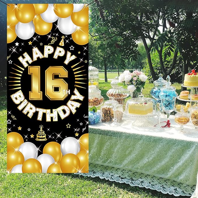 Happy 16th Birthday Decorations for Boys and Girls, 16 Years Old Birthday Fabric Backdrop Banner, Sixteen Party Supplies, Photo Booth Background, Door Wall, Yard Decor for Indoor Outdoor Use