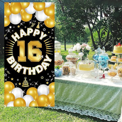 Happy 16th Birthday Decorations for Boys and Girls, 16 Years Old Birthday Fabric Backdrop Banner, Sixteen Party Supplies, Photo Booth Background, Door Wall, Yard Decor for Indoor Outdoor Use